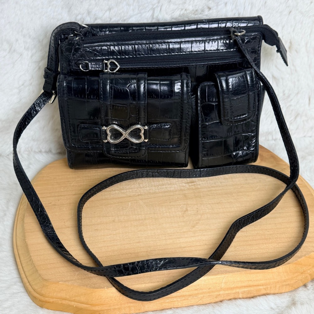 Brighton Vintage Black Moc Croc Embossed Leather Crossbody Organizer Wallet Bag